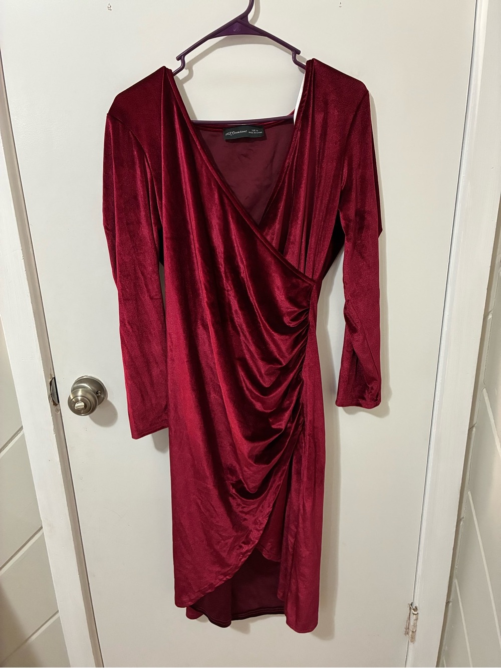 Azazie Burgundy Velvet Wrap-Style Long Sleeve Dress
